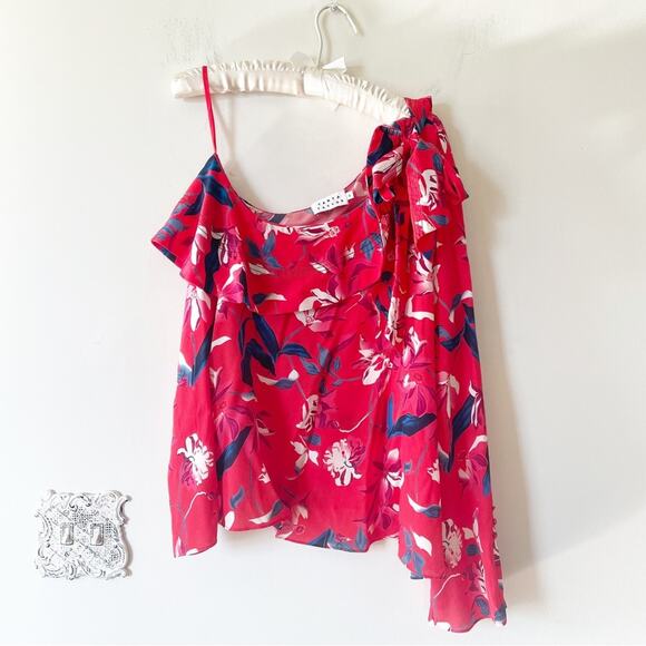 NWOT Tanya Taylor Jules One Shoulder Silk Blouse Papaya Red Floral 6 - Picture 7 of 9